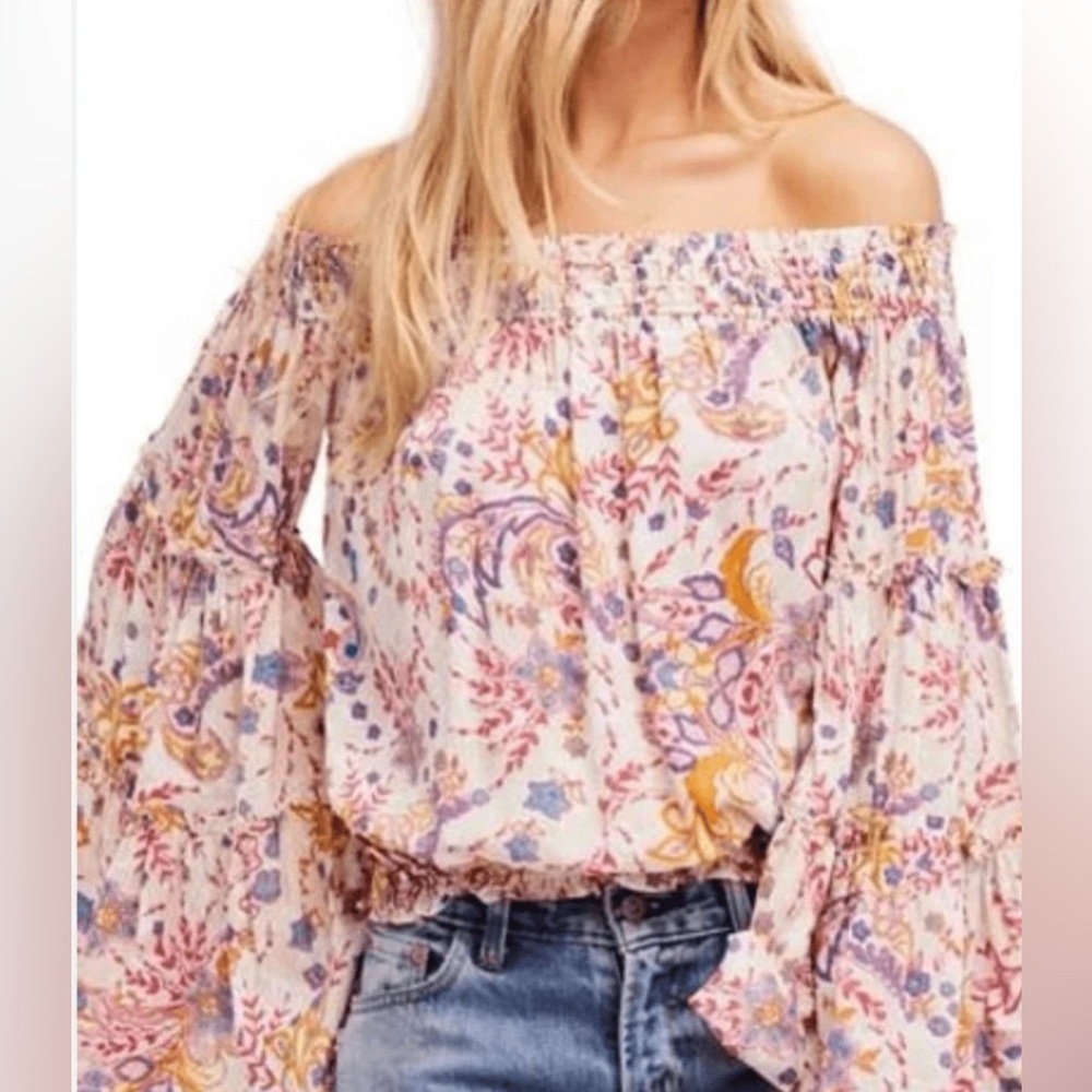 Free People Free Spirit Bell Sleeve Crop Top |‎ Retro Floral Print | Size M VGUC